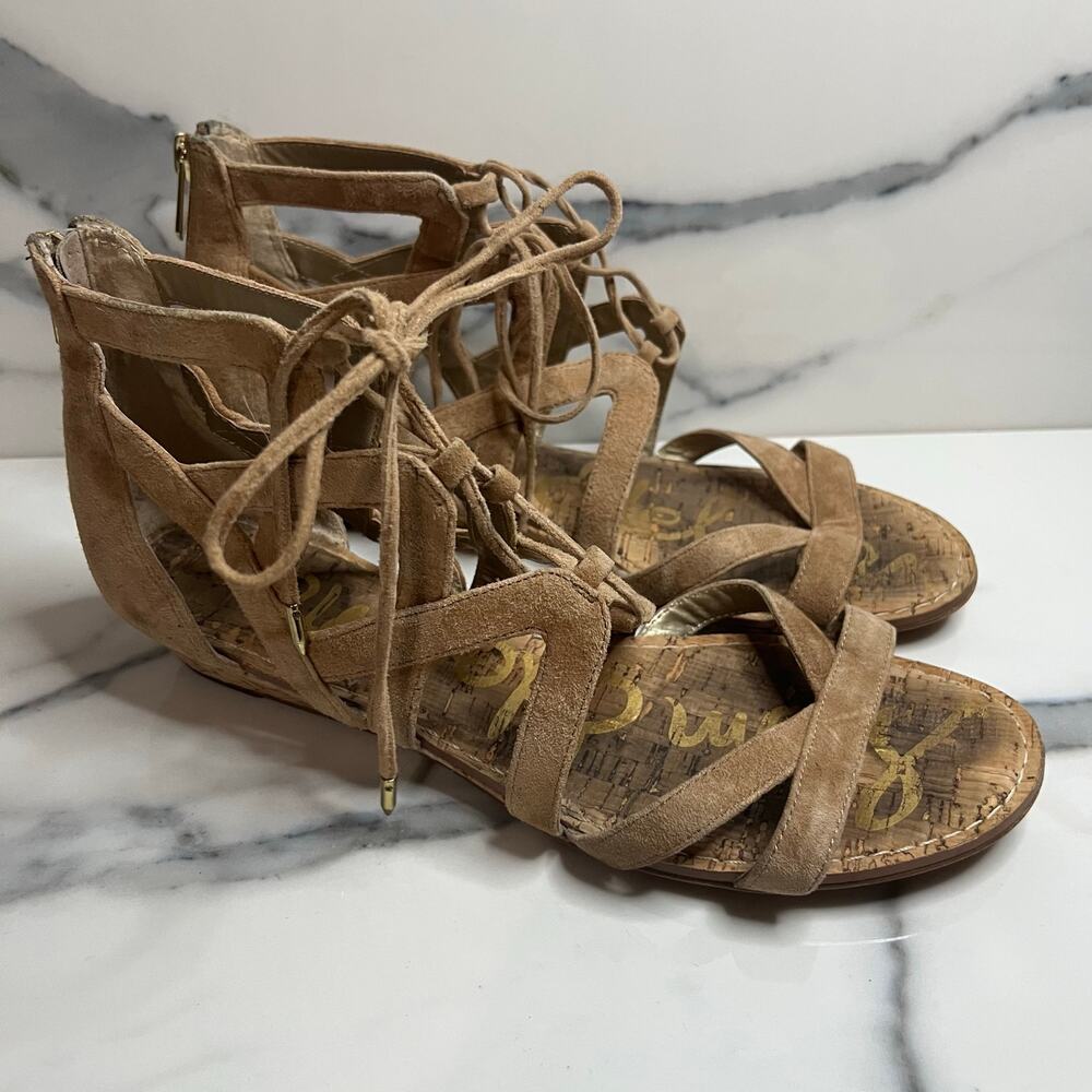Sam Edelman Women's Tan Suede Cage Gladiator Cork Wedge Dawson Sandals Sz 9
